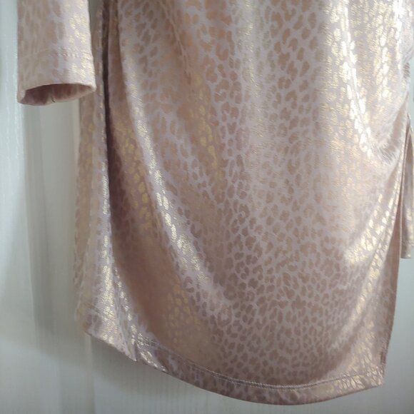 Chico's Travelers Stretch Metallic Liquid Gold Drapey Asymmetrical Faux Wrap Top - Picture 7 of 13